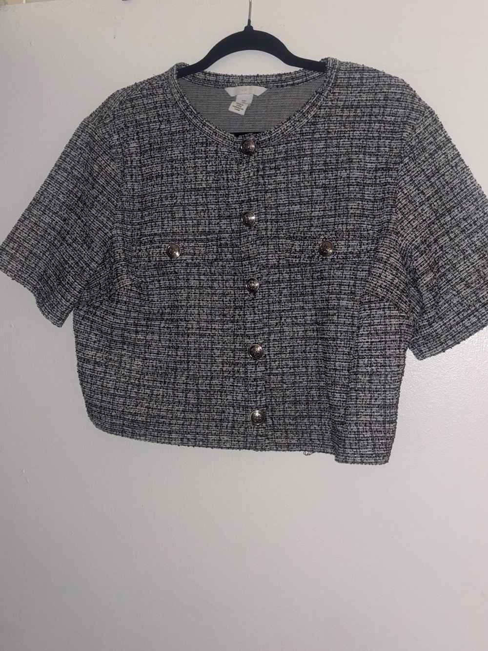H&M Black and White Cropped Tweed Button-Down Top
